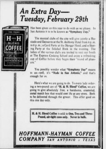 Tin illustration and copy: “An Extra Day,” Symphony Day, two-pound H. & H. Blend offer, enameled match box premium